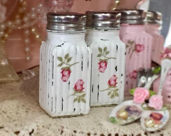 Shabby Chic Salt Pepper Shakers Glass Set - Decoupage Rose Rosebuds - Kitchen Home Dorm Wedding Shower Decor Gift Sweet Vintage Designs