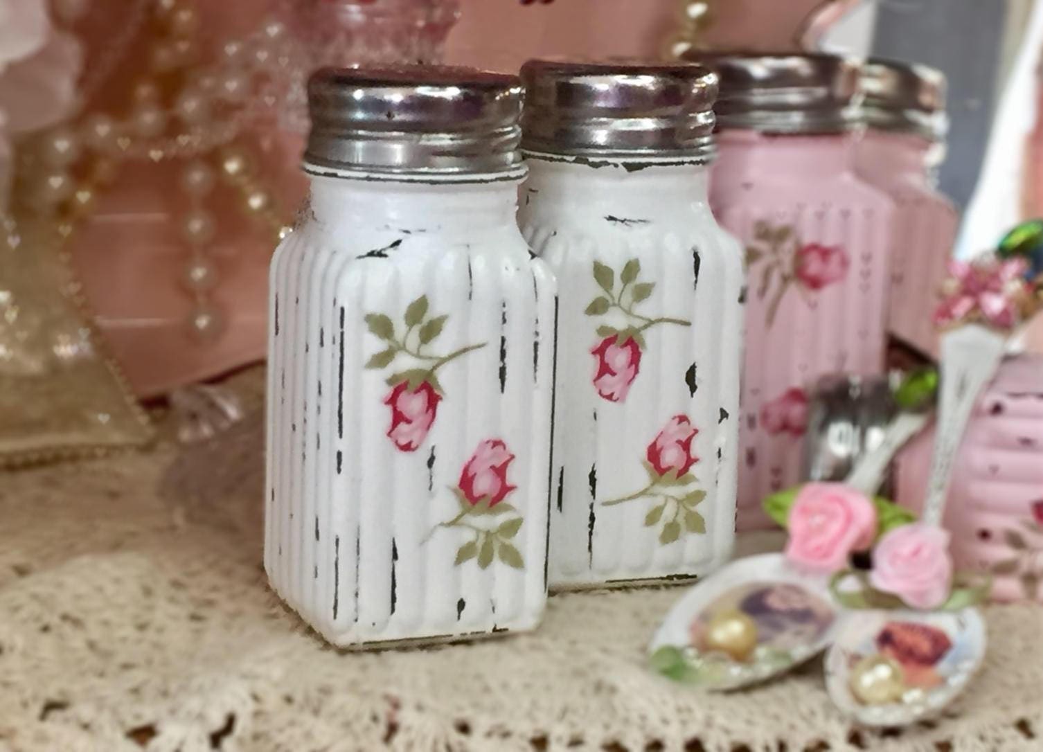 Shabby Chic Salt Pepper Shakers Glass Set 34 COLORS Decoupage Etsy