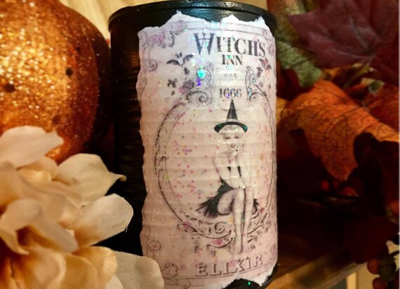 Halloween Decor Black Tin Can Sexy Pin Up Witch Label Glitter