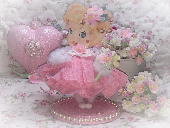 Pink Paper Doll Vintage Style Bump Chenille Figurine Figure Shabby Chic Paperdoll Nursery Decor Cake Pipe Cleaner Party Decorations Gift Il_570xn