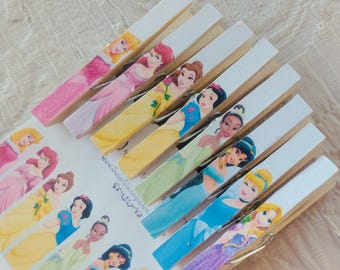 8 Theme Park Princess Princesses Clothespins Set - OPTIONAL MAGNETS - Gift Bag Tag Clips Party Favor Sweet Vintage Designs Gift Idea For Her