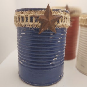 3 Rustic Americana Farmhouse Painted Tin Can Caddy Set Rusty Star & Removable Twine/Jute Patriotic Decoration 4th of July Independence Day image 7