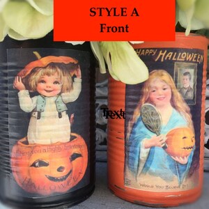 2 Halloween Black & Orange Painted Tin Cans Vintage Halloween Decor VICTORIAN KIDS Vases Decoration Table Centerpieces Pumpkin Party Favor image 3