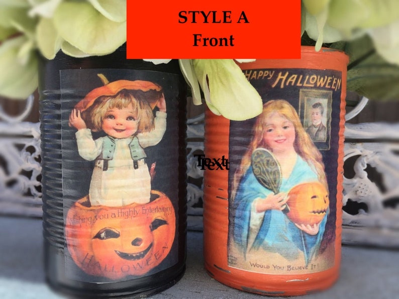 2 Halloween Black & Orange Painted Tin Cans Vintage Halloween Decor VICTORIAN KIDS Vases Decoration Table Centerpieces Pumpkin Party Favor image 3