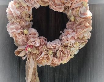 Shabby Chic Coffee Filter Wreath - Blush Peach-Pink Ivory Cream Paper Flower -Peonies Rose Floral - Door Decor Home Office Nursery Christmas