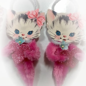 Pink Kitty Chenille Vintage Style Valentines Day Ornament Christmas Tree Decoration Kitten Cat Pipe Cleaner Ornament Gift Topper image 1