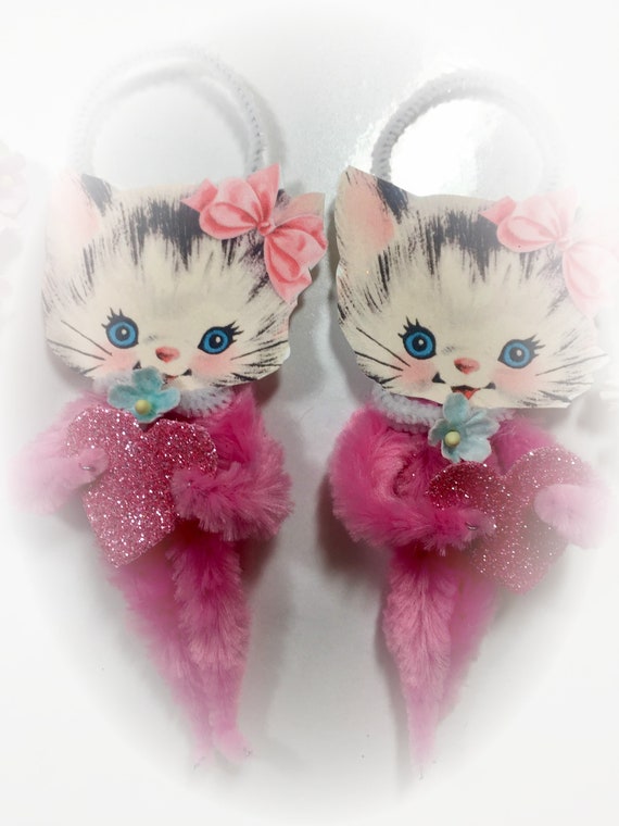 Pink Kitty Chenille Vintage Style Valentines Day Ornament - Christmas Tree Decoration - Kitten Cat Pipe Cleaner Ornament - Gift Topper Il_570xn
