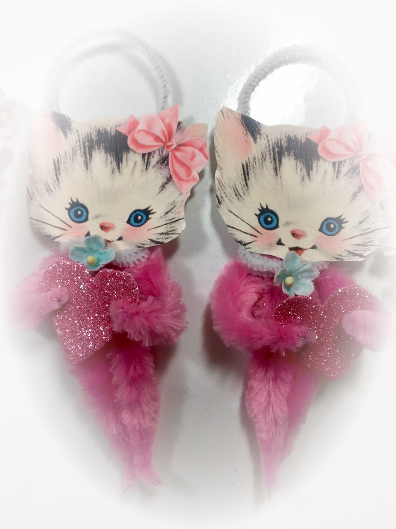 Pink Kitty Chenille Vintage Style Valentines Day Ornament Christmas Tree Decoration Kitten Cat Pipe Cleaner Ornament Gift Topper image 1