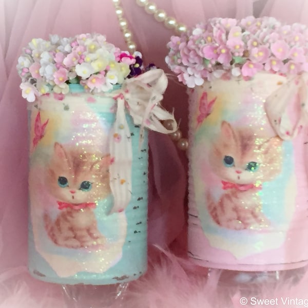 KITTY CAT Vintage Kitten Tin Can Vase Centerpiece Table Decor Baby Shower Birthday Party Nursery Decor Kitschy Gender Reveal Pink or Blue