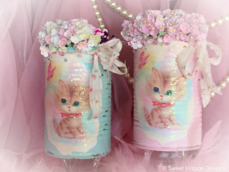 KITTY CAT Vintage Kitten Tin Can Vase Centerpiece Table Decor Baby Shower Birthday Party Nursery Decor Kitschy Gender Reveal Pink or Blue image 1