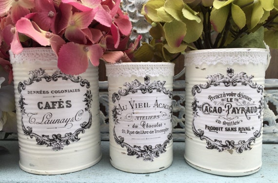3 French Country Painted Lace Lacy Tin Cans Centerpieces Vases