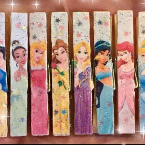 8 Theme Park Princess Princesses Clothespins Set - OPTIONAL MAGNETS - Gift Bag Tag Clips Party Favor Sweet Vintage Designs Gift Idea For Her