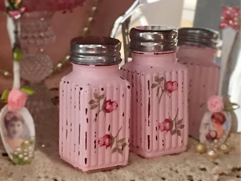 Shabby Chic Salt Pepper Shakers Glass Set Decoupage Rose Rosebuds Kitchen Home Dorm Wedding Shower Decor Gift Sweet Vintage Designs image 5