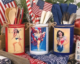 PIN UP Americana Rustic Painted Tin Cans Vase Patriotic Summer Party Decor Flag Memorial Independence Day 4th of July 4 American Centerpiece