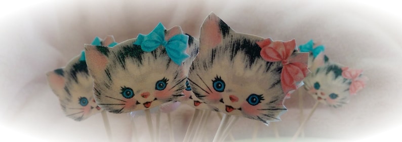 12 Vintage Kitty Cupcake Toppers Retro Kitten Cat Toothpicks Picks Hors d'oeuvre Appetizer Birthday Tea Party Candy Bar Baby Shower Decor image 5