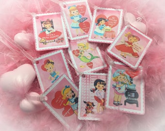 9 Pink Valentine's Day Decor Tags/Cards AND 9 Ribbons Vintage Retro 1940s/1950s Children Kids Little Girl Gift Bag Art Tag Shabby Chic Card