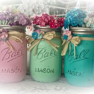 Shabby Chic Painted Mason Jar Centerpiece Decor Vase Wedding Bridal Baby Shower Birthday Party Mothers Day Hostess Gift Sweet Vintage Design