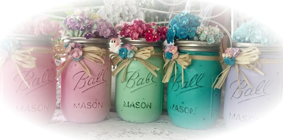 Shabby Chic Painted Mason Jar Centerpiece Decor Vase Wedding Bridal Baby Shower Birthday Party Mothers Day Hostess Gift Sweet Vintage Design Il_570xn