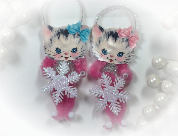 2 Chenille Vintage Pink Kitty Ornaments SET Christmas Tree Decorations - Kitten Cat Bump Chenille Pipe Cleaners - LAST SET Available - Gift Il_570xn