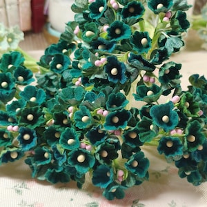 Forget Me Not Flowers Sprays GREEN FOREST | Vintage Flocked Style Millinery Old Fashioned Flower Picks | Shabby Chic Floral Bouquet Dolls