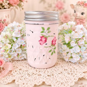 Shabby Chic Painted Mason Jar Vase Decoupage Roses Rosebuds Wedding Bridal Shower Centerpiece Home Dorm Office Vanity Bathroom Boudoir Decor