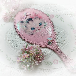 Pink Vanity Handheld Mirror Kitty Cat Kitten Vintage Retro Style Boudoir Decor Decoration Shabby Chic Hand Held Princess Mirror Gift image 5