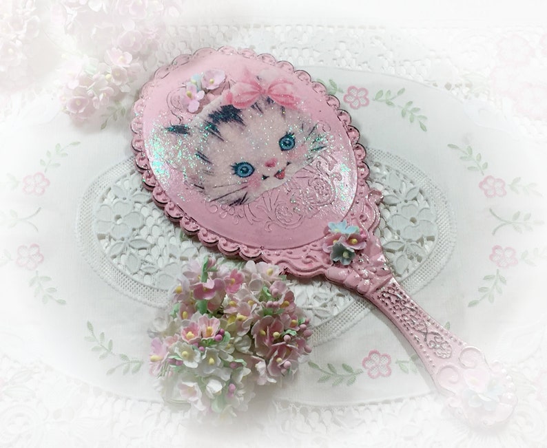 Pink Vanity Handheld Mirror Kitty Cat Kitten Vintage Retro Style Boudoir Decor Decoration Shabby Chic Hand Held Princess Mirror Gift image 5