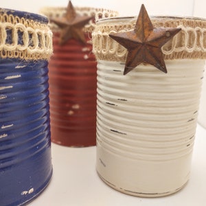 3 Rustic Americana Farmhouse Painted Tin Can Caddy Set Rusty Star & Removable Twine/Jute Patriotic Decoration 4th of July Independence Day image 9