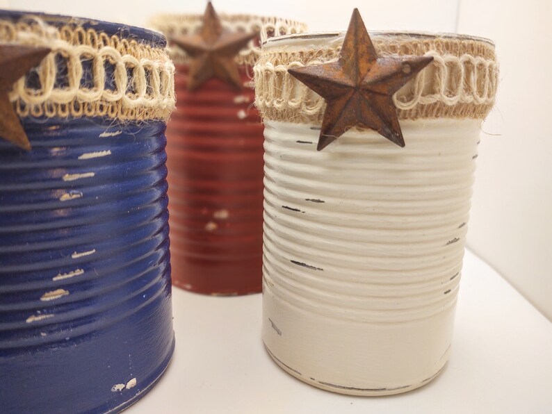 3 Rustic Americana Farmhouse Painted Tin Can Caddy Set Rusty Star & Removable Twine/Jute Patriotic Decoration 4th of July Independence Day image 9