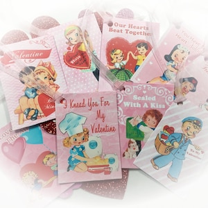 9 Pink Valentine&#39;s Day Decor Tags/Cards AND 9 Ribbons Vintage Retro 1940s/1950s Children Kids Little Girl Gift Bag Art Tag Shabby Chic Card