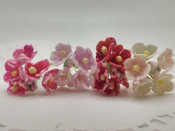 4 Shabby Chic DOLLHOUSE Mini SUGARED/Glitter Bouquet of Flowers ~Forget Me Not Flower ~Millinery Vintage Style Flower- Crafting Journals Etc Il_570xn