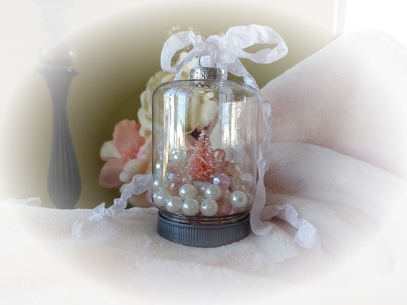 PINK Christmas Tree Ornaments - Shabby Chic Ornament Clear Shatterproof MASON JAR Filled with Pearls Bead Pink Bottlebrush Bottle Brush Tree Il_570xn