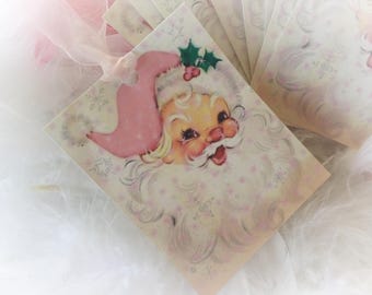 Set of 9 Pink Christmas Vintage Santa Claus Father Xmas and Pink Ribbons Gift Bag Art Tags or Tree Ornaments Shabby Chic Retro Greeting Card