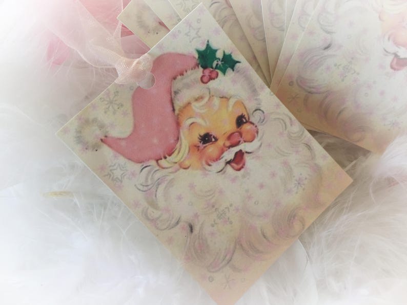 Set of 9 Pink Christmas Vintage Santa Claus Father Xmas and Pink Ribbons Gift Bag Art Tags or Tree Ornaments Shabby Chic Retro Greeting Card image 1