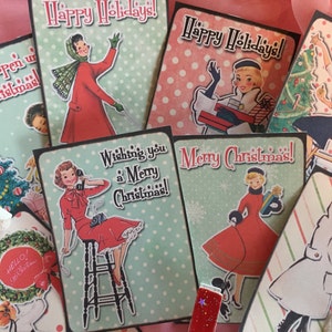 9 Christmas Gift Bag Art Tags Label and 9 Clothespins Clip SET Shabby Chic Mid-Century Kitschy Whimsical Retro Women Housewife Vintage Theme image 4