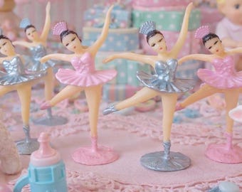 6 Vintage Restored Ballerina CupCake Cake Toppers - PINK & SILVER Kitschy Kitsch Retro Party Decor or Mixed Media Assemblage Crafting