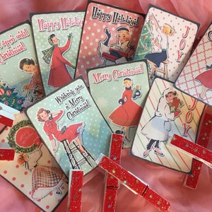 9 Christmas Gift Bag Art Tags Label and 9 Clothespins Clip SET Shabby Chic Mid-Century Kitschy Whimsical Retro Women Housewife Vintage Theme image 1