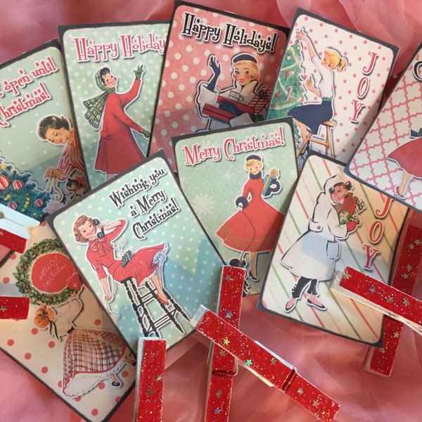 9 Christmas Gift Bag Art Tags Label and 9 Clothespins Clip SET Shabby Chic Mid-Century Kitschy Whimsical Retro Women Housewife Vintage Theme