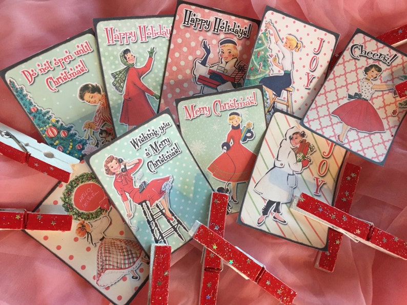 9 Christmas Gift Bag Art Tags Label and 9 Clothespins Clip SET Shabby Chic Mid-Century Kitschy Whimsical Retro Women Housewife Vintage Theme image 1