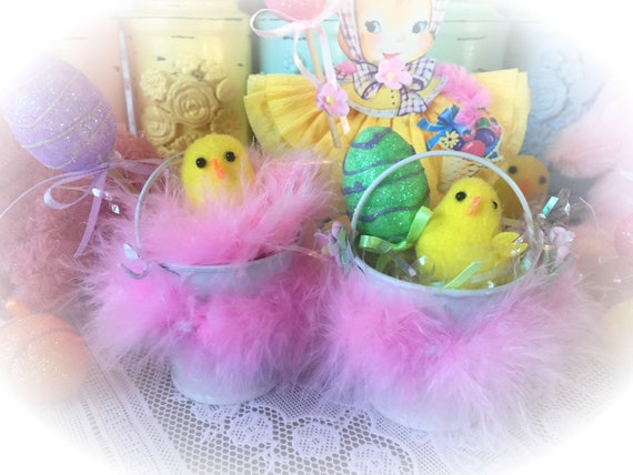 Easter Basket Ornament Spring Chicks Eggs Pink Marabou Vintage