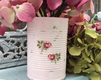 Shabby Chic Tin Can PINK OR WHITE with Decoupage Rosebuds - Vase Table Centerpieces Bridal Wedding Home Dorm Nursery Decorations Decor Gift