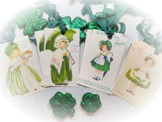 Set of 8 Victorian Style St. Patrick's Day Decor - IRISH GIRLS Gift Tags/Cards AND Ribbons Vintage Retro Gift Bag Art Tag Journal Scrapbook Il_570xn