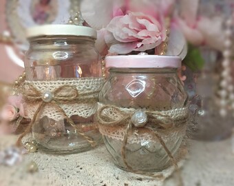 2 Glass Shabby Chic Jars Decoupage Roses Lace Handcrafted Storage Canister Set Vanity Kitchen Dorm Home Office Gift Sweet Vintage Designs