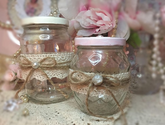 2 Glass Shabby Chic Jars Decoupage Roses Lace Handcrafted Storage Canister Set Vanity Kitchen Dorm Home Office Gift Sweet Vintage Designs