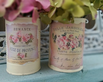 2 Shabby Chic French Country Ivory Tin Cans Handpainted Decoupage Pastel Labels Table Centerpiece Home Dorm Decor Gift Sweet Vintage Designs