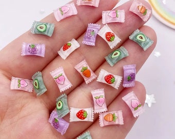 25 Mini TINY Wrapped Fruit Candy Cabochon-FLAT BACK Resin Kawaii Cabochon Charms For Nails, Craft or Dollhouse-Fake/Faux Candy Embellishment