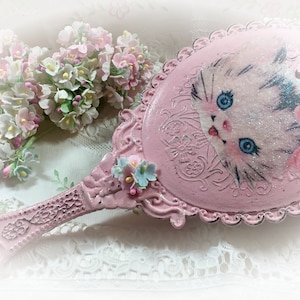 Pink Vanity Handheld Mirror Kitty Cat Kitten Vintage Retro Style Boudoir Decor Decoration Shabby Chic Hand Held Princess Mirror Gift image 9