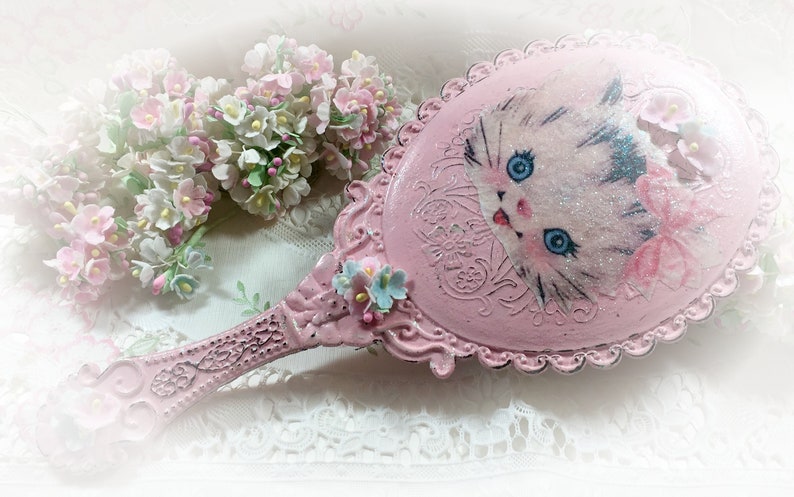 Pink Vanity Handheld Mirror Kitty Cat Kitten Vintage Retro Style Boudoir Decor Decoration Shabby Chic Hand Held Princess Mirror Gift image 9