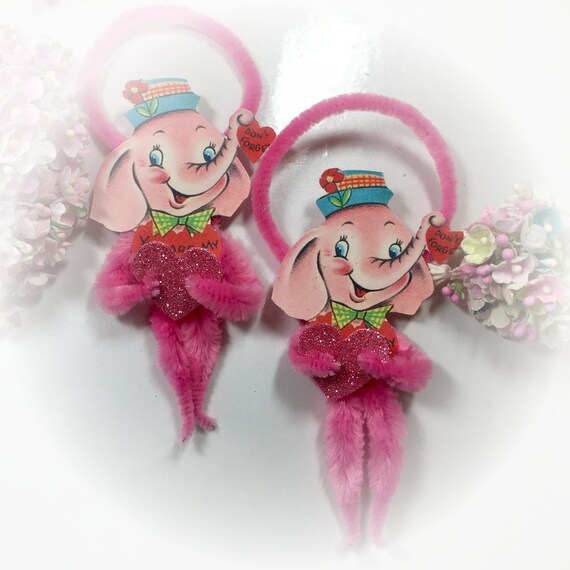 Pink Elephant Pipe Cleaner Vintage Style Valentines Day Ornament Card - Christmas Tree Decoration - Bump Chenille Ornament - Gift Topper Tag Il_570xn