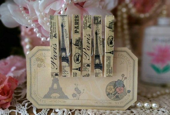 6 pc Set Decorated Embellished Clothespins PARIS THEME Gift Bag Clips, Tea Stained, Rustic, Shabby Chic, Teacher or Mother's Day Gift Il_570xn